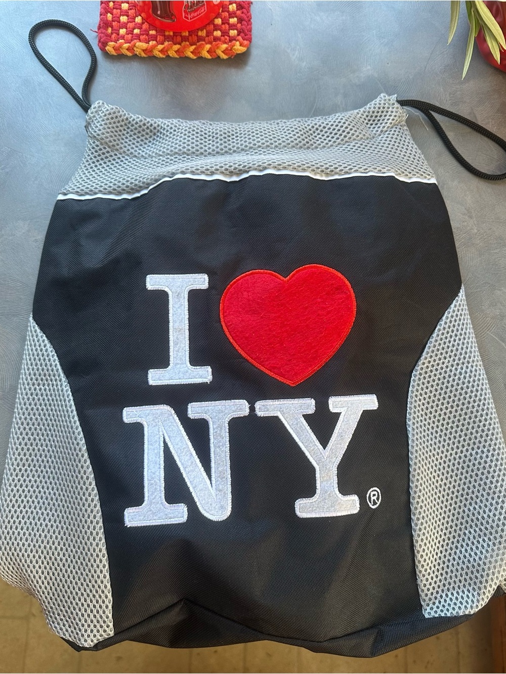 I Heart NY Black and Gray Drawstring Satchel with Red Heart Patch